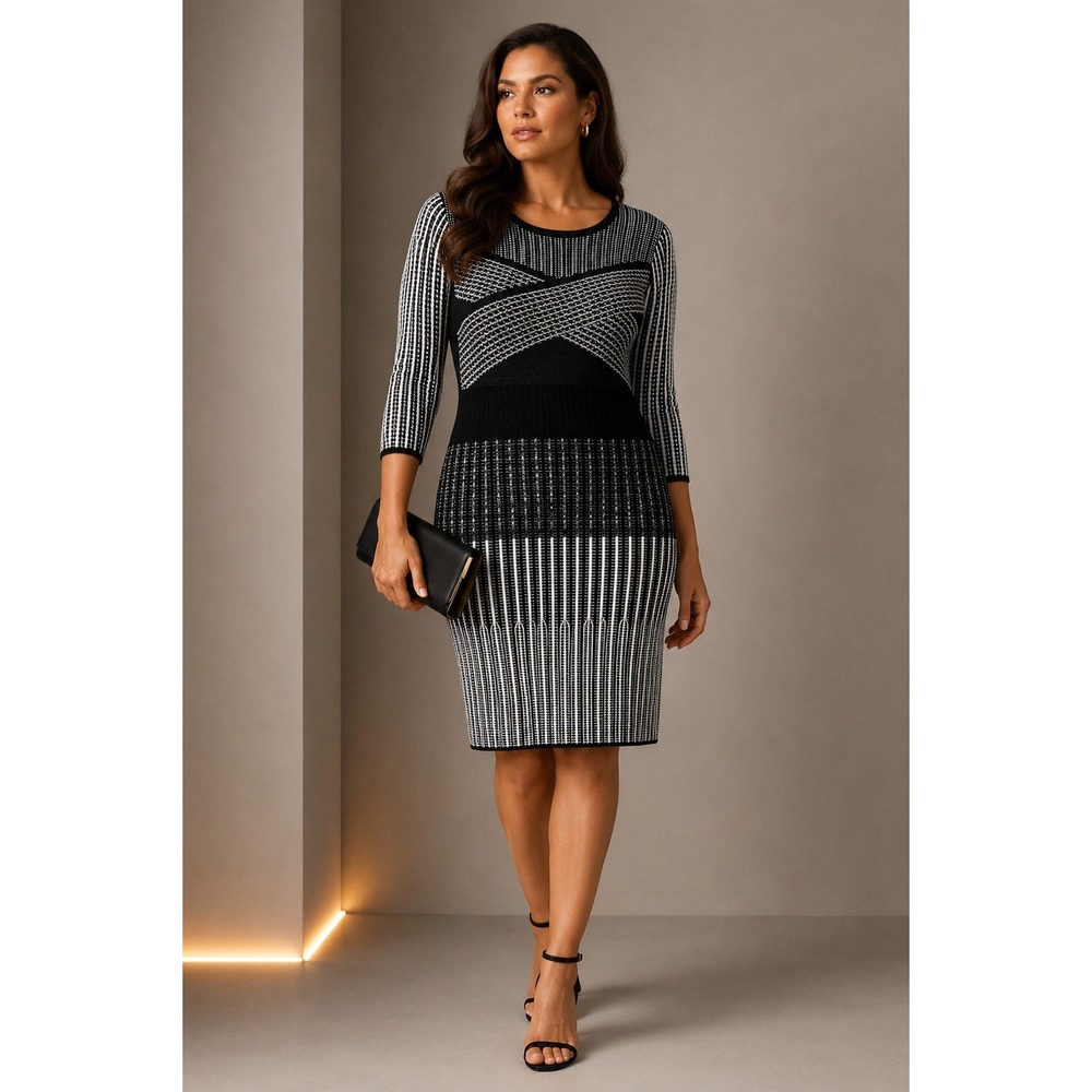 Ming Wang Women's Black White Geometric Knit Stretch Dress Size L